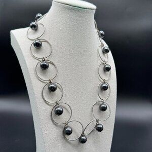 Silver tone Necklace Chain Rings with Grey Faux Pearls 18 inches